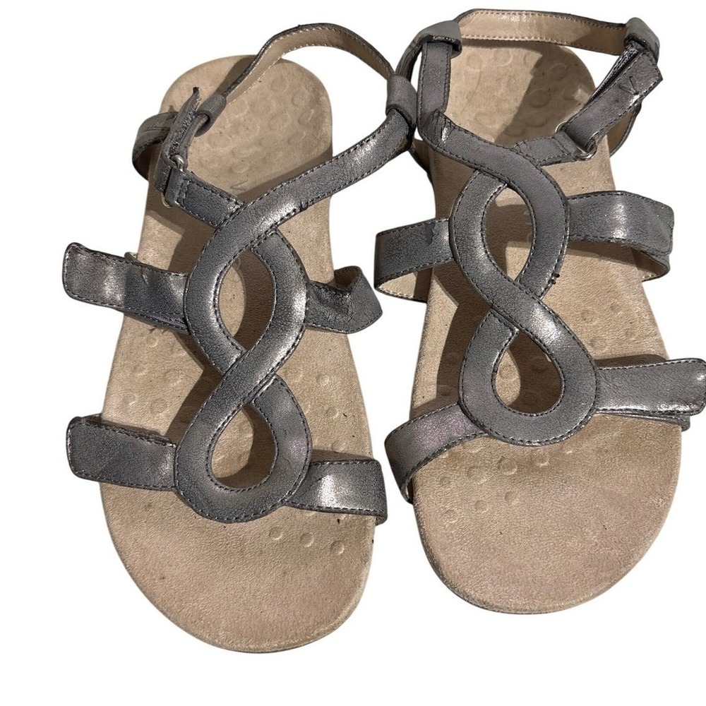 Vionic Jodie Pewter Metallic Leather Adjustable Comfort Sandals Size 8